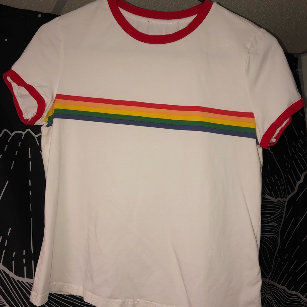 Women’s thin rainbow striped tee.